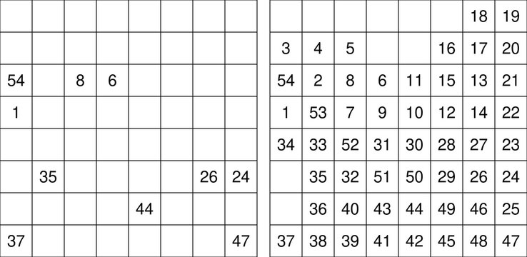 Hidato puzzle series with numbered grids and complete solution paths. Clean vector logic game for brain training, printables, and activity books
