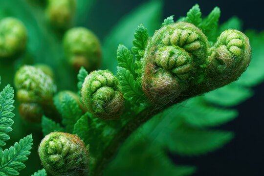 Unfurling fern fronds show vibrant green detail and texture. Perfect for illustrating growth, nature, or botanical themes.