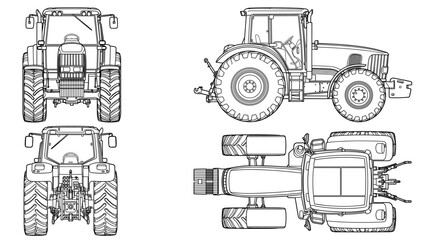 Obraz premium Farm tractor agricultural vehicle technical drawing blueprint with front side back and top views CAD line art vector illustration