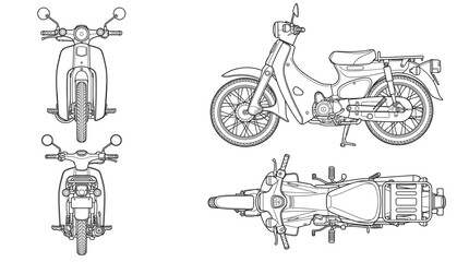Obraz premium Moped motorcycle technical drawing blueprint with front side back and top views CAD line art vector illustration