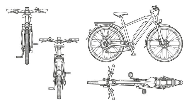 Electric bicycle technical drawing blueprint with front side back and top views CAD line art vector illustration