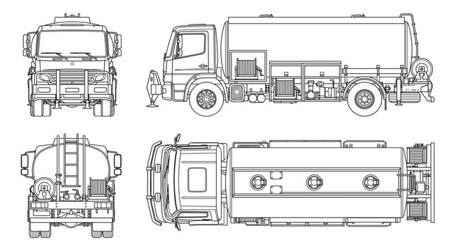 Fuel bowser tanker truck technical drawing blueprint with front side back and top views CAD line art vector illustration