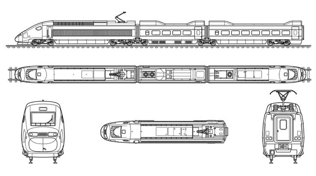 High speed train technical drawing blueprint with front side back and top views CAD line art vector illustration