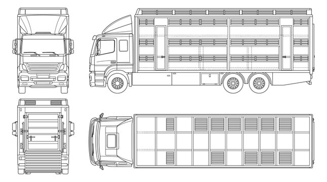Livestock truck technical drawing blueprint with front side back and top views CAD line art vector illustration