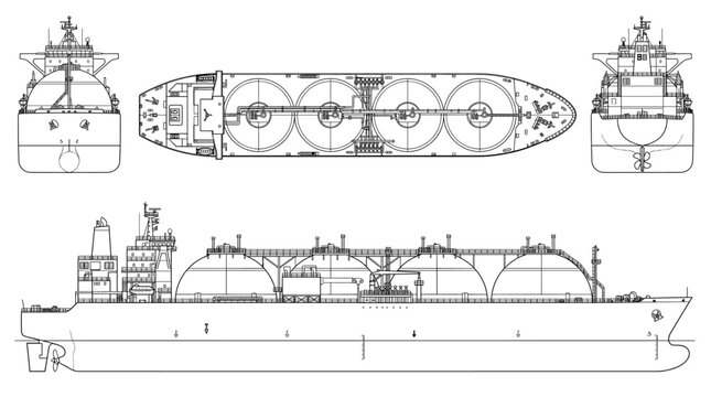 LNG carrier ship technical drawing blueprint with front side back and top views CAD line art vector illustration