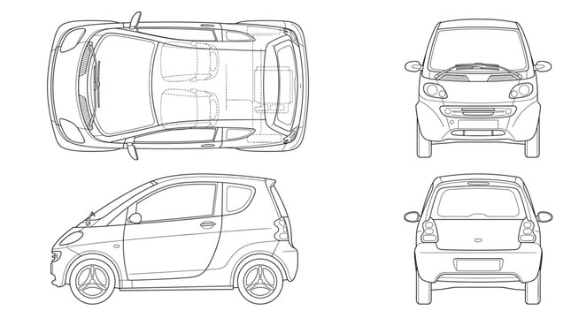 Microcar technical drawing blueprint with front side back and top views CAD line art vector illustration