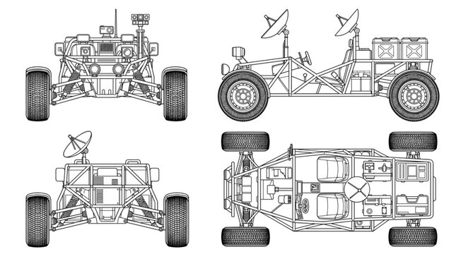 Lunar rover space vehicle technical drawing blueprint with front side back and top views CAD line art vector illustration