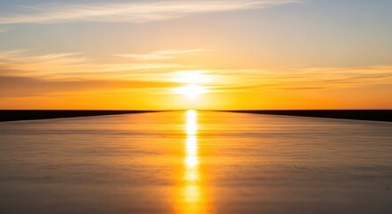 Obraz premium A bright golden sunrise illuminates a glowing path leading toward the distant horizon amidst an atmosphere of progress and steady momentum, pathway, excellence, abstract