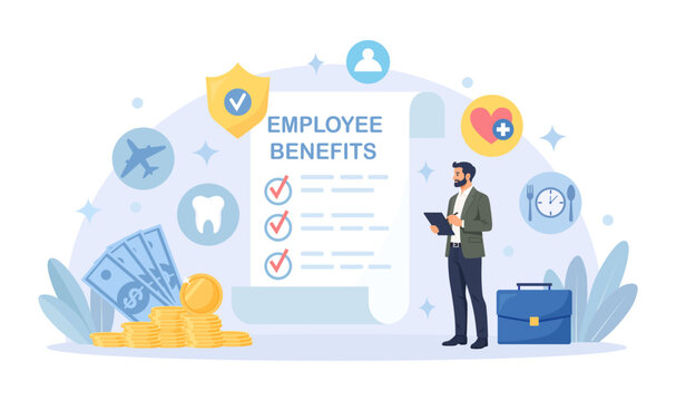 Employee benefits package. Social guarantees and protection for workers. Worker advantages: meal reimbursement, medical insurance, vacation and retirement benefits. Compensation supplementing salary
