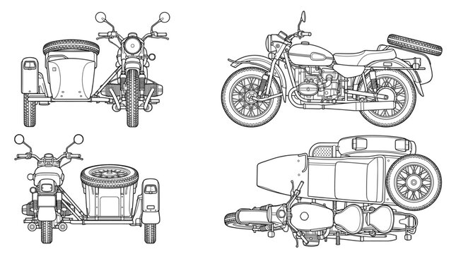 Sidecar motorcycle technical drawing blueprint with front side back and top views CAD line art vector illustration