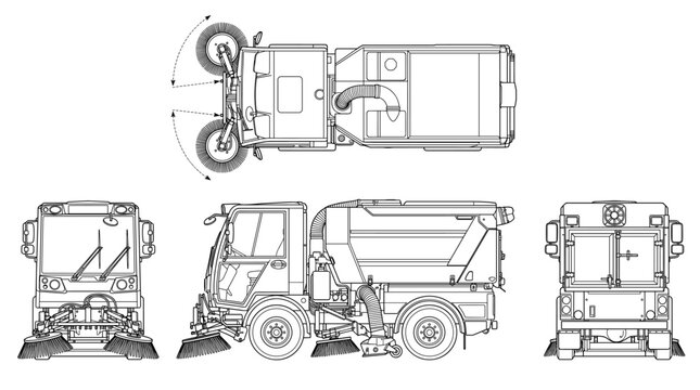 Street sweeper truck technical drawing blueprint with front side back and top views CAD line art vector illustration