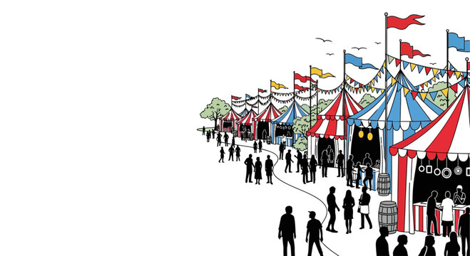 Illustrated carnival fairground with colorful tents and walking crowd.