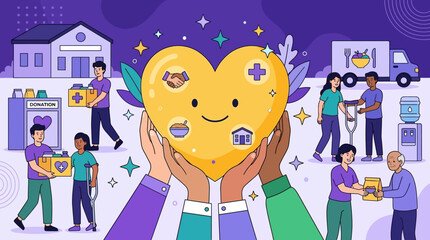 Diverse community volunteer hands holding a large red heart symbol for humanitarian assistance, charity, and social donation support concept, flat cartoon vector illustration design.