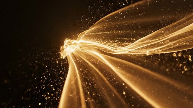 Abstract golden light waves with shimmering particles on a dark background for luxury and technology concepts.