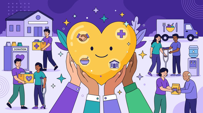 Diverse community volunteer hands holding a large red heart symbol for humanitarian assistance, charity, and social donation support concept, flat cartoon vector illustration design.