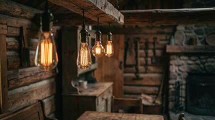 Fototapeta premium Warm edison bulbs illuminate the rustic interior of a cozy wooden log cabin with a fireplace.