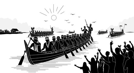 Silhouette illustration of a traditional dragon boat race with many rowers. © Basma_Isyraq