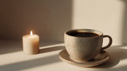 Fototapeta premium minimal coffee scene with a cup of coffee and a lit candle