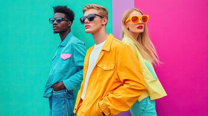 Obraz premium Vibrant Trio: Fashionable Models in Sunglasses Against Bold Color-Blocked Backdrop