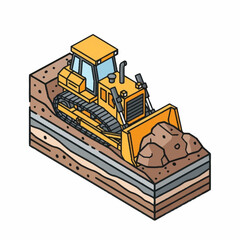 Yellow bulldozer pushing rocks and dirt on construction site isometric view. © pras