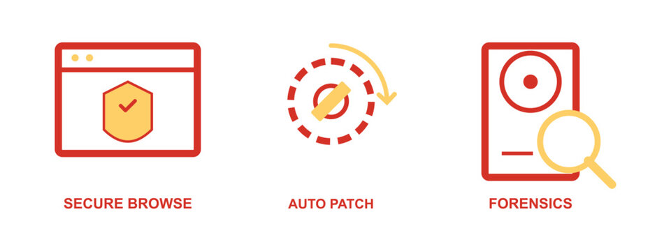 Visual set of icons for secure web browsing automated patching and cyber forensics.