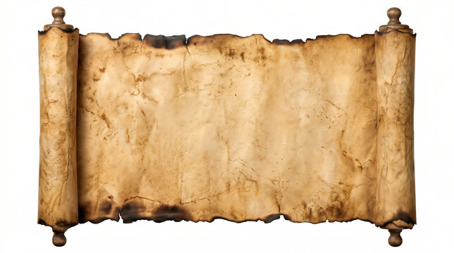 Vintage unrolled scroll with burnt edges and wooden rollers isolated on white background