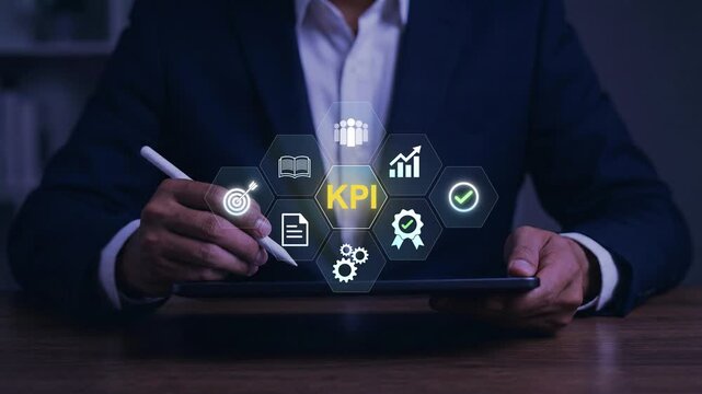 kpi business analytics and data management concept. businessman using dashboard interface, corporate data metrics tracking, strategic planning, track performance metrics and optimize strategy decision