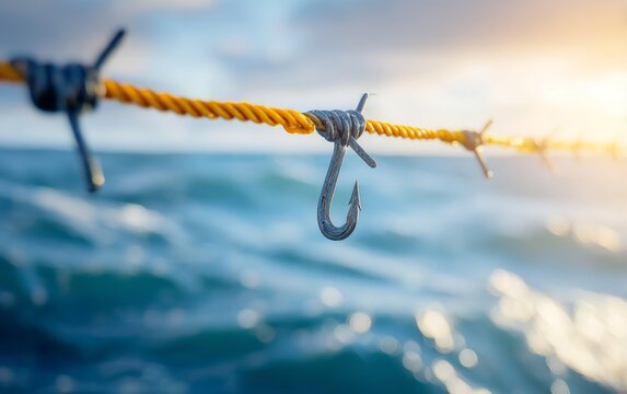 Close up of metal hook hanging on twisted yellow rope over blurred water surface