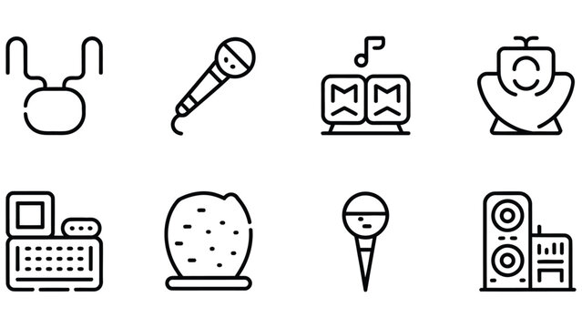 Collection of eight black line art icons representing musical instruments and audio equipment on a white background