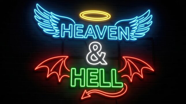 Luminous neon sign displaying heaven and hell text with angel and devil wings for party or conceptual use.