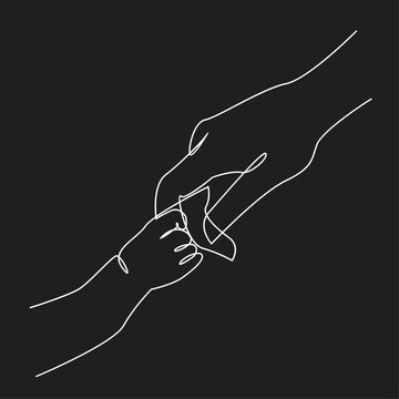 Continuous Line Drawing of Adult Hand Holding Baby Hand Symbolizing Love and Family Connection