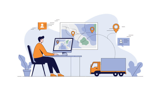 Logistics manager tracking delivery truck routes on a large computer monitor with maps and GPS location pins for supply chain.