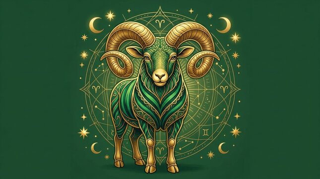 Green aries zodiac illustration with gold accents