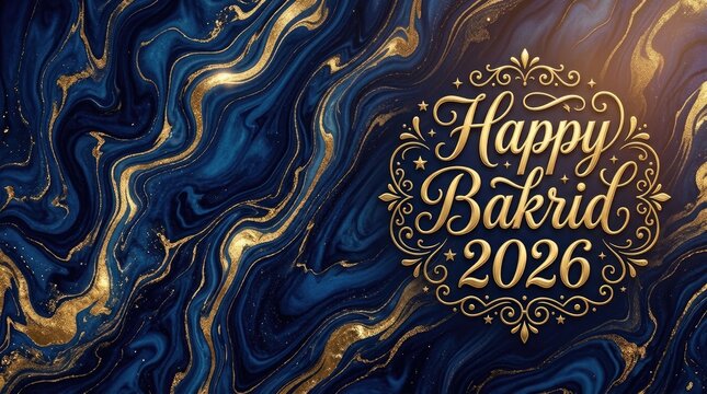 Elegant bakrid 2026 greeting with gold accents on navy blue background