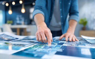 Fototapeta premium Creative professional examining photography prints spread on table