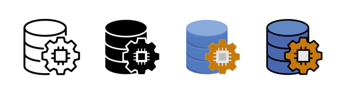 AI data processing hybrid icon, data stack with gear and AI chip center. Icon set of 4 style variation.