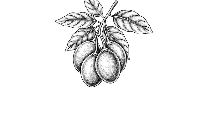 Artistic drawing of noni fruits on a leafy branch with delicate white flowers depicted in a detailed botanical style.
