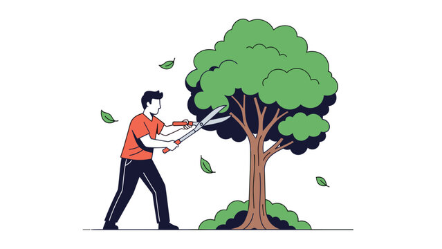Gardener uses large pruning shears to carefully trim branches of a leafy green tree during backyard maintenance and landscaping work.