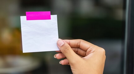Obraz premium Hand holding blank sticky note on pink tape background