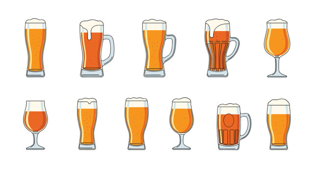 Diverse collection of beer glassware including mugs, pint glasses, tulips, and chalices filled with golden lager and frothy foam heads.