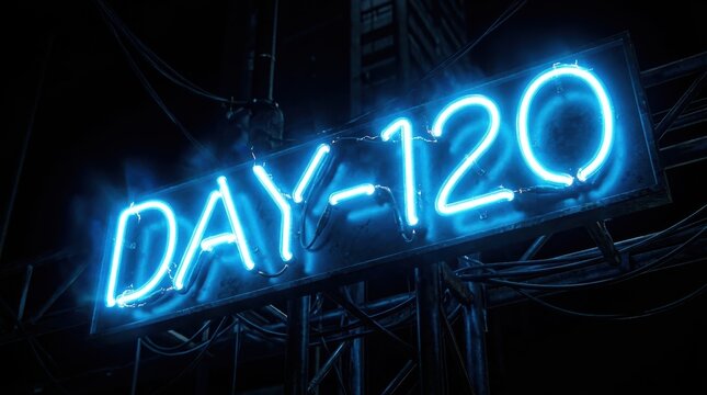 Blue neon sign showing day 120 as a milestone for a project or habit tracking challenge.