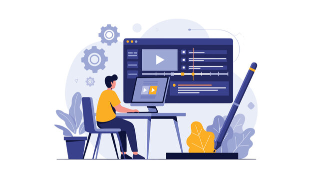 Creative digital professional working on advanced video editing software at a home office desk with a large screen and design elements.