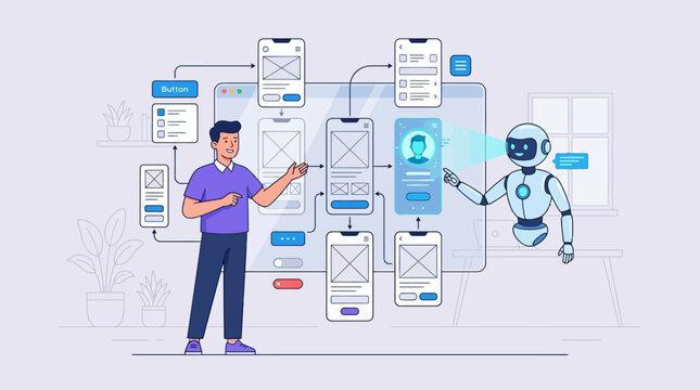 Human and AI Collaboration for Mobile App Development, UI UX Design Flowchart and Wireframing Process Illustration