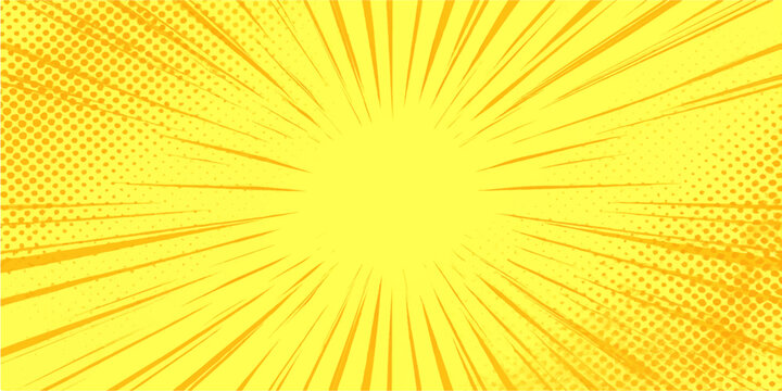 An abstract yellow background vector illustration featuring a bright sunburst design with orange summer rays and a warm sunrise beam explosion of light