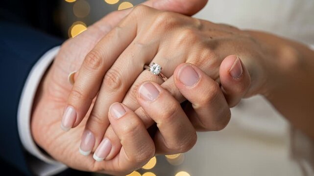 Close up of diamond engagement ring on woman's hand held by man. Proposal and marriage concept with hands and jewelry. Romantic bokeh background