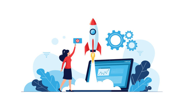 Successful business woman launches a rocket from a laptop computer to symbolize startup growth and innovative technology solutions.