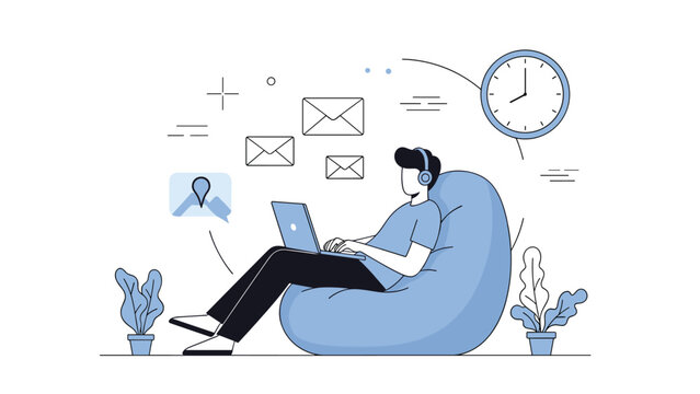 Productive young man works from home in a comfortable bean bag chair while managing emails and meeting strict project deadlines.
