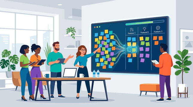 Agile Business Team Collaborating on Product Roadmap and Project Management Board in Modern Office