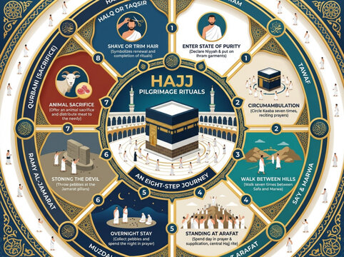 Hajj Pilgrimage Rituals Infographic: 8-Step Circular Diagram with Kaaba Illustration and Sacred Rituals