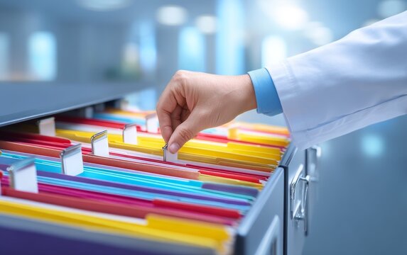 Hand organizing colorful file folder in metal filing cabinet drawer